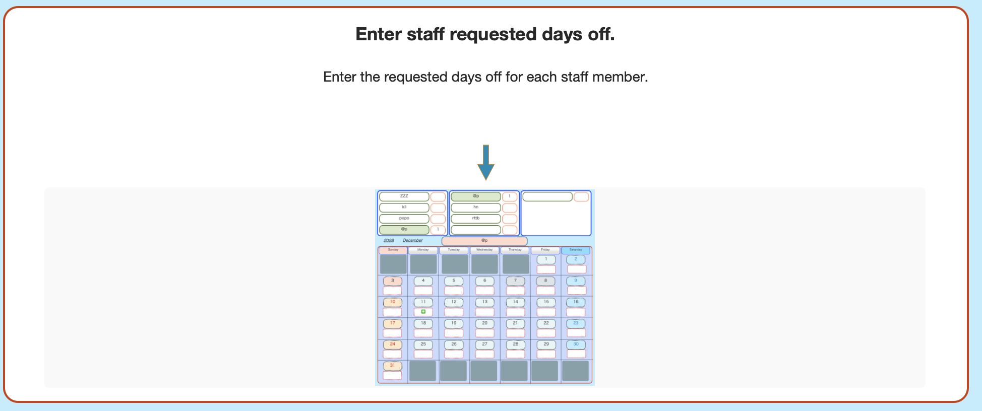 Requested days off entry screen in ShiftMaker